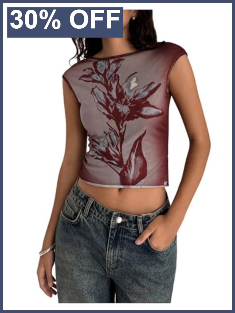 Women's Floral Mesh Dolman Cap Sleeve T-Shirt Slim Fit Y2K Going Out Tee